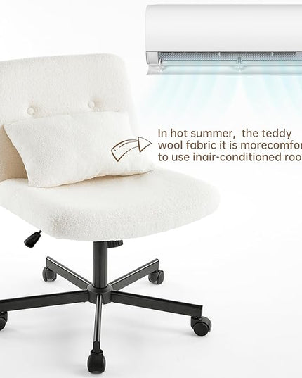 Boucle Criss Cross Armless Home Office Chair with Replaceable Wheels/Fixed Base and Back Support for Living Room, Wide Seat Adjustable Legged Swivel Chair, Comfy Computer Chair for Vanity, White - LeafyLoom