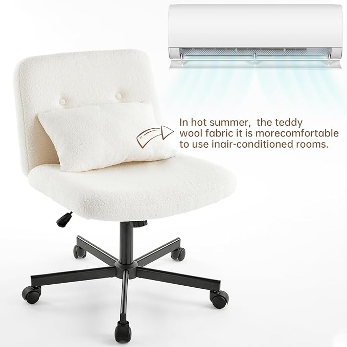 Boucle Criss Cross Armless Home Office Chair with Replaceable Wheels/Fixed Base and Back Support for Living Room, Wide Seat Adjustable Legged Swivel Chair, Comfy Computer Chair for Vanity, White - LeafyLoom