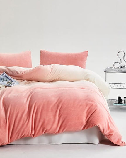 Pink White Gradient Comforter Set Cal King Pink Velvet Bedding Comforter Modern Plain White and Pink Gradient Soft Quilt Farmhouse Flannel Comforter Women Warm California King Bed Comforter - LeafyLoom
