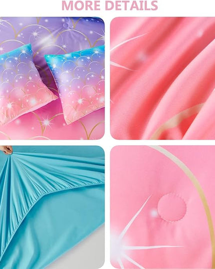PERFEMET Pink Purple Mermaid Comforter Queen Size 6 Pieces Girls Bedding Set Colorful Rainbow Ombre Bed in A Bag Mermaid Scale Print Queen Comforter Set with Sheets - LeafyLoom