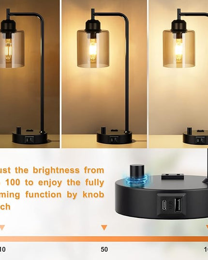 Industrial Small Desk Lamp for Nightstand - Amber Clear Glass Shade Table Lamp with USB C Port, Fully Dimmable Black Bedside Lamp with USB Port and Outlet, Bedroom Lamp for Reading Office - LeafyLoom