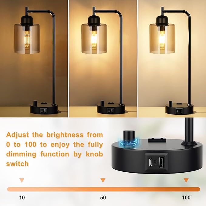 Industrial Small Desk Lamp for Nightstand - Amber Clear Glass Shade Table Lamp with USB C Port, Fully Dimmable Black Bedside Lamp with USB Port and Outlet, Bedroom Lamp for Reading Office - LeafyLoom