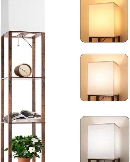 Floor Lamp with Shelves, Modern Standing Shelf Lamp with 3 CCT LED Bulb and White Shade for Living Room Bedroom and Office Deco-Brown - LeafyLoom