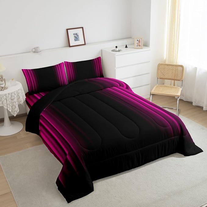 Geometric Abstract Ombre Bedding Bed Set Men Adults Teens Rose Red and Black Striped Comforter Set Kids Boys Girls Simple Modern Comforter Inner Fill Bedroom Collection 3Pcs Queen Size - LeafyLoom