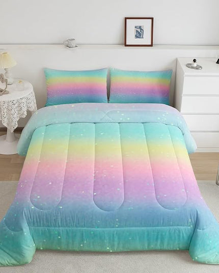 Erosebridal Blue Gradient Bedding Rainbow Tie Dye Bedding Comforter Sets for Kids Boys Girls Bedroom, Galaxy Glitter Comforter Set Pastel Watercolor Sparkle Quilt with 2 Pillowcases, Queen - LeafyLoom