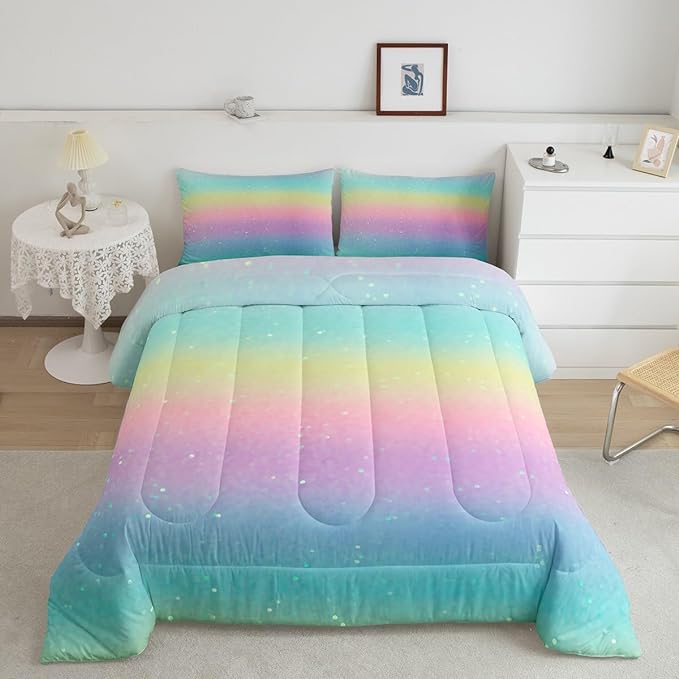 Erosebridal Blue Gradient Bedding Rainbow Tie Dye Bedding Comforter Sets for Kids Boys Girls Bedroom, Galaxy Glitter Comforter Set Pastel Watercolor Sparkle Quilt with 2 Pillowcases, Queen - LeafyLoom