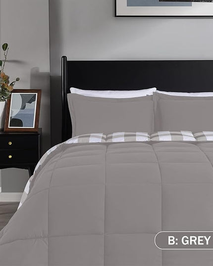downluxe Lightweight Plaid Comforter Set (Twin) with 1 Pillow Sham - 2-Piece Set - Grey/White Plaid - Down Alternative Reversible Comforter - LeafyLoom