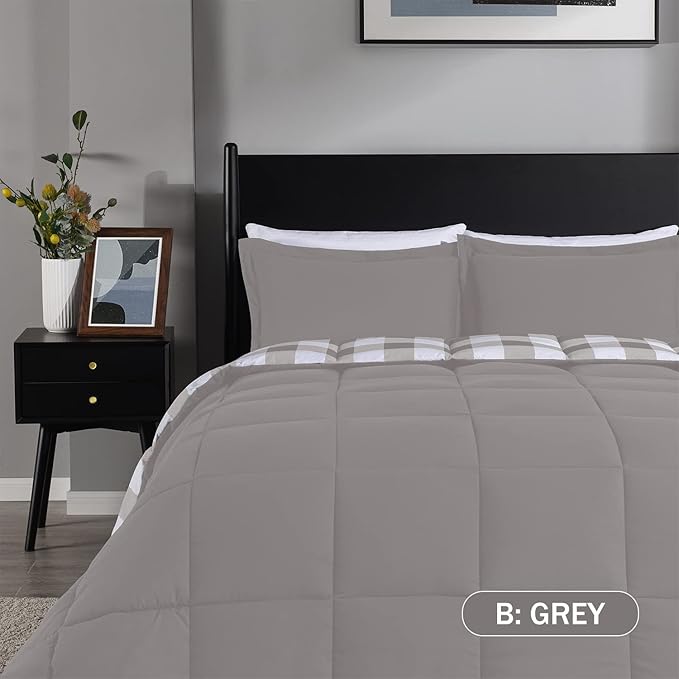 downluxe Lightweight Plaid Comforter Set (Twin) with 1 Pillow Sham - 2-Piece Set - Grey/White Plaid - Down Alternative Reversible Comforter - LeafyLoom