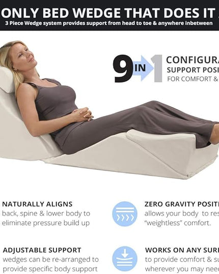 Contour BackMax Bed Wedge Lumbar Support System - Multi-Positional Back, Leg & Knee Elevation Pillows for Sleep & Recovery with Orthopedic Zero Gravity Weightless Comfort - Bonus Half Roll Neck Pillow - LeafyLoom