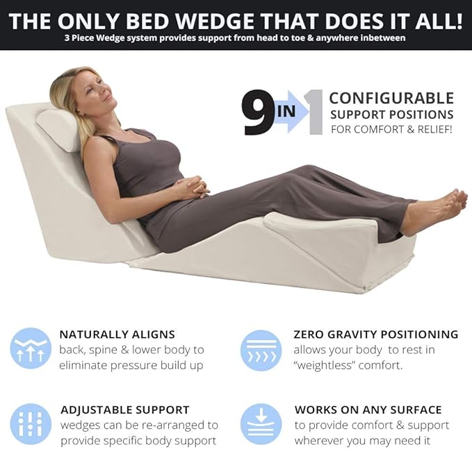 Contour BackMax Bed Wedge Lumbar Support System - Multi-Positional Back, Leg & Knee Elevation Pillows for Sleep & Recovery with Orthopedic Zero Gravity Weightless Comfort - Bonus Half Roll Neck Pillow - LeafyLoom