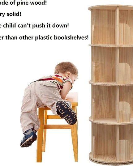 Rotating Bookshelf 360 Display 4 Tier Floor Standing Bookcase Storage Rack for Kids&Adults Solid Wood Bookshelf Organizer - LeafyLoom