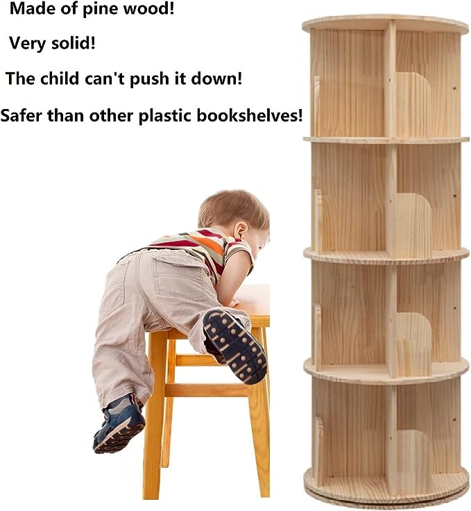 Rotating Bookshelf 360 Display 4 Tier Floor Standing Bookcase Storage Rack for Kids&Adults Solid Wood Bookshelf Organizer - LeafyLoom