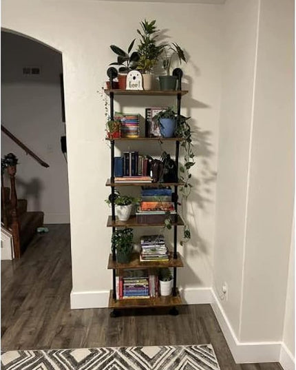 Industrial Pipe Shelving, 6-Tier Pipe Shelves Ladder Shelf, Modern Bookcase Wall Mount Bookshelf with Metal Frame, Book Shelves Wall Decor Wood Shelves for Home, Living Room, Office(23.6x9.8x78.8) - LeafyLoom