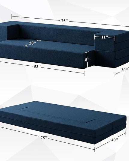 Convertible Folding Sofa - Modern Linen Fabric Coffee Table, Foldable Floor & Futon Couch, Space-Saving Chair with Pillow for Living Room/Dorm/Guest Room/Home Office/Apartment,Twin XL,Navy Blue - LeafyLoom