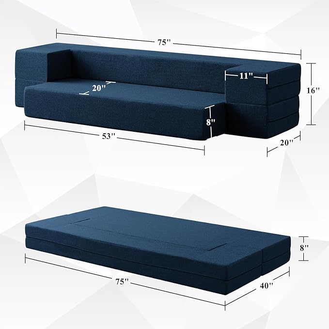 Convertible Folding Sofa - Modern Linen Fabric Coffee Table, Foldable Floor & Futon Couch, Space-Saving Chair with Pillow for Living Room/Dorm/Guest Room/Home Office/Apartment,Twin XL,Navy Blue - LeafyLoom