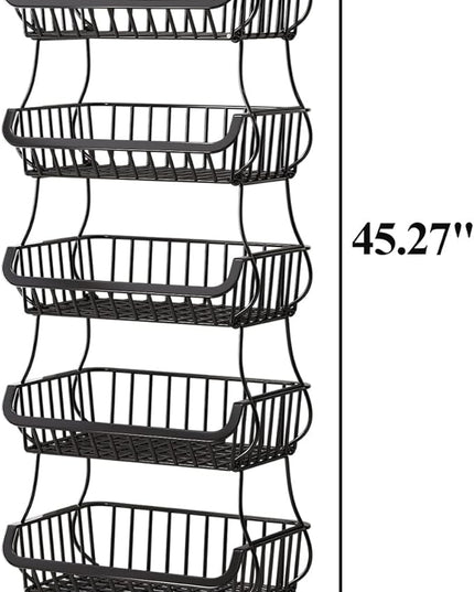 Wisdom Star 6 Tier Fruit Vegetable Basket for Kitchen with Wooden Tabletop, Storage Cart Vegetable Basket Bins for Onions and Potatoes, Wire Storage Basket Organizer Utility Cart with Wheels, Black - LeafyLoom