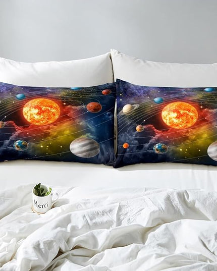 Erosebridal Solar System Bedding Set Queen Galaxy Space Comforter Set for Kids Boys Toddler Outer Space Room Decor Nebula Planets Orbit Comforter Celestial Universe Stars Quilt Duvet 2 Pillowcases - LeafyLoom