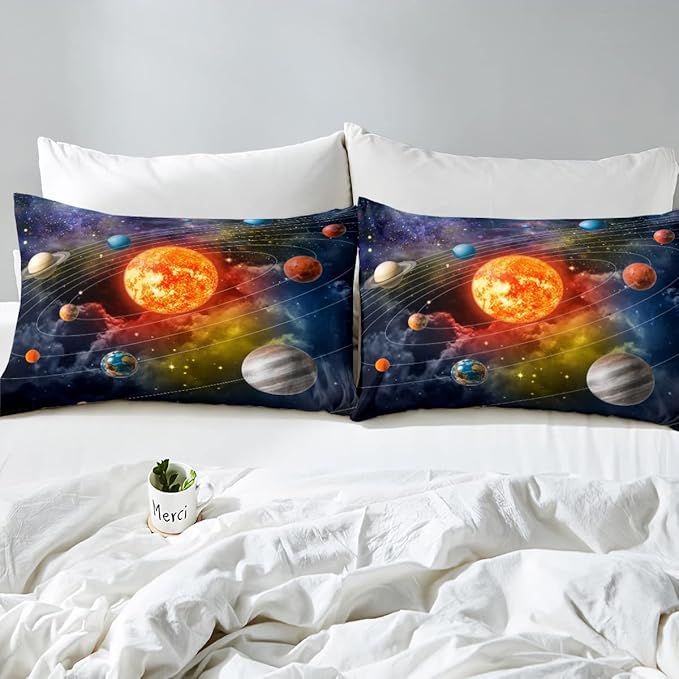 Erosebridal Solar System Bedding Set Queen Galaxy Space Comforter Set for Kids Boys Toddler Outer Space Room Decor Nebula Planets Orbit Comforter Celestial Universe Stars Quilt Duvet 2 Pillowcases - LeafyLoom