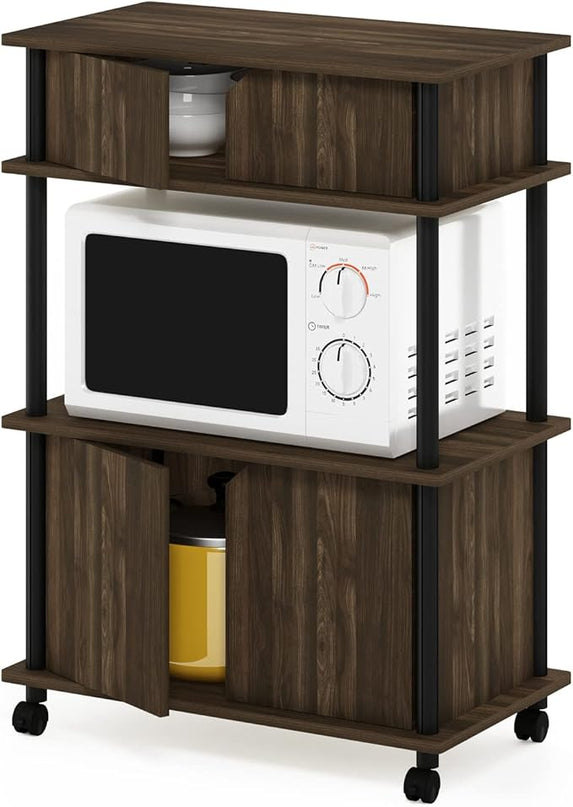 Furinno Turn-N-Tube Kitchen Storage Cart with Cabinet and Lockable Wheels, Columbia Walnut/Black - LeafyLoom