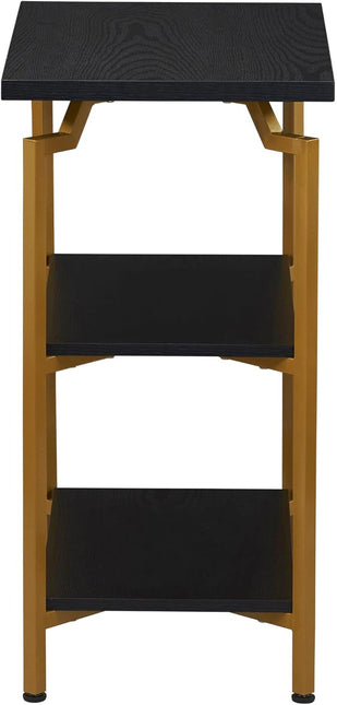 Household Essentials Crown Narrow 3 Shelf Open Storage Bookshelf Black Oak Wood Grain and Gold Metal - LeafyLoom