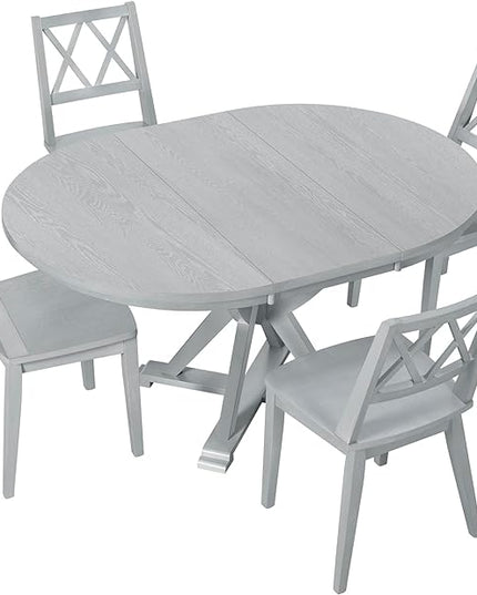 Mid-Century Round 15.7" Removable Leaf, Extending w/4 Cross Back Chairs, Room, Kitchen, Small Place, Antique Gray, 5 Piece Dining Table Set - LeafyLoom