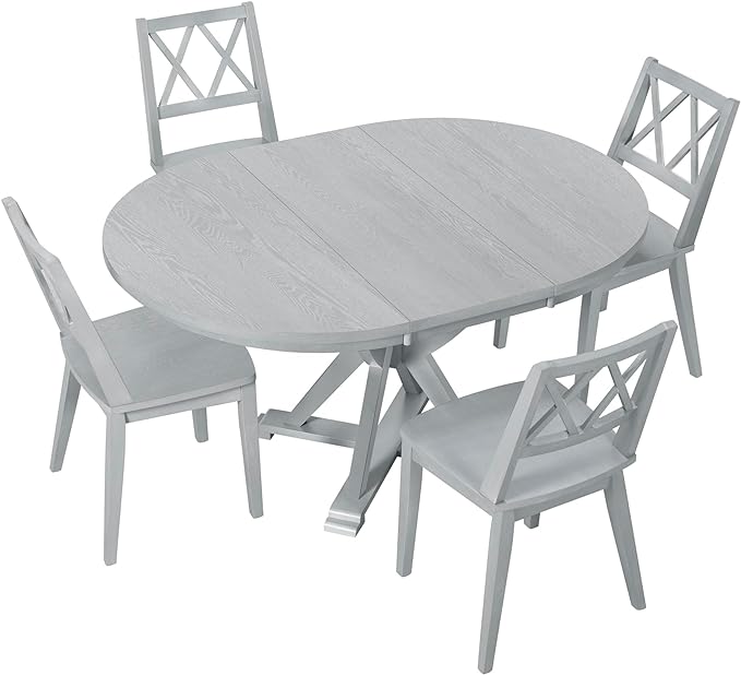 Mid-Century Round 15.7" Removable Leaf, Extending w/4 Cross Back Chairs, Room, Kitchen, Small Place, Antique Gray, 5 Piece Dining Table Set - LeafyLoom