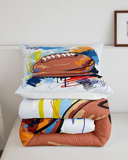 Boys Football Comforter Set Queen Kids Teen Sports Bedding Set Bedroom Decor,Watercolor Tie Dye Hand Drawn Graffiti Football Bedding Comforter Sets Rugby Quilt Duvet 2 Pillow Cases Colorful Brown - LeafyLoom