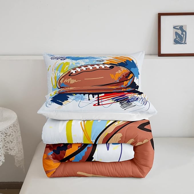 Boys Football Comforter Set Queen Kids Teen Sports Bedding Set Bedroom Decor,Watercolor Tie Dye Hand Drawn Graffiti Football Bedding Comforter Sets Rugby Quilt Duvet 2 Pillow Cases Colorful Brown - LeafyLoom