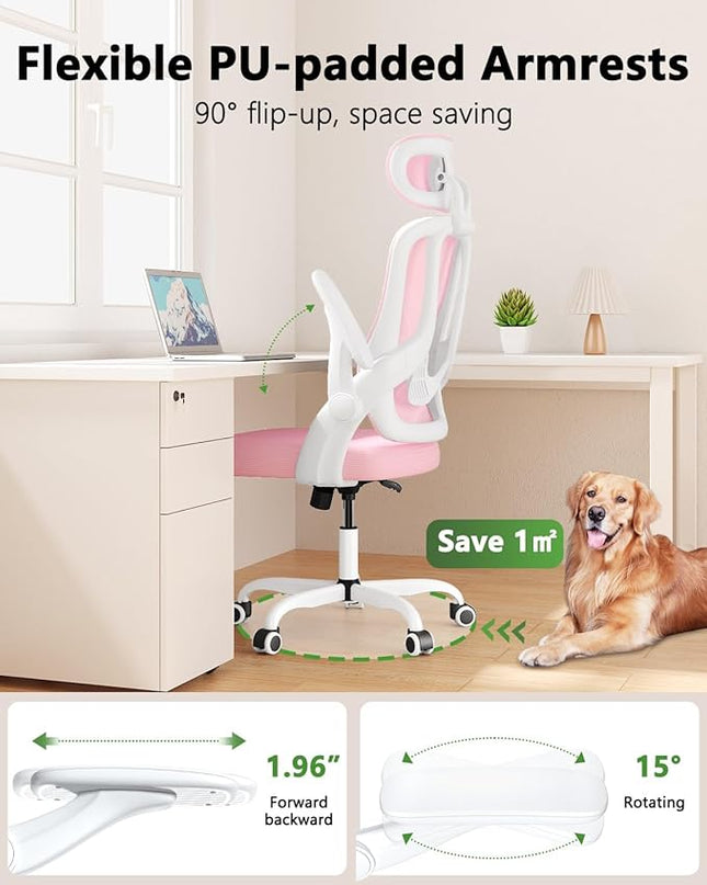 Ergonomic Mesh Office Chair, High Back Home Desk Chair with Flip-up 3D Armrests, Lumbar Support, Adjustable Headrest, Swivel Computer Task Chair for Home, Office, Work, Student, Pink - LeafyLoom