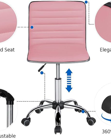 Yaheetech Pink Low Back PU Leather Ribbed Armless Office Chair, Ergonomic Swivel Task Chair with Wheels for Women - LeafyLoom