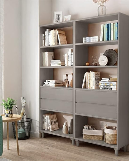 IOTXY Floorstanding Wooden Bookcase with Legs - 67" Tall Open Shelves Cube Billy Bookshelf with Drawers for Home and Office, Grey - LeafyLoom