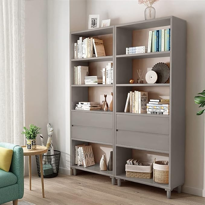 IOTXY Floorstanding Wooden Bookcase with Legs - 67" Tall Open Shelves Cube Billy Bookshelf with Drawers for Home and Office, Grey - LeafyLoom