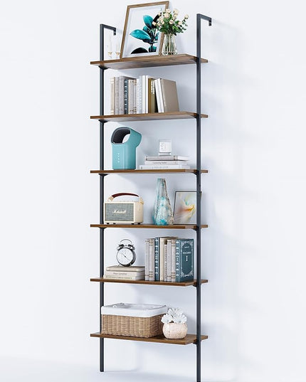 ODK 6-Tier Ladder Shelf, 87 Inches Wall Mounted Ladder Bookshelf with Metal Frame, Open Industrial Shelves for Home Office, Bedroom and Living Room, Rustic Brown - LeafyLoom