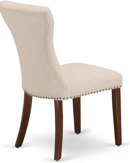 East West Furniture DMGA5-MAH-32 5 Piece Dining Set Includes a Round Dining Room Table with Dropleaf and 4 Light Beige Linen Fabric Upholstered Parson Chairs, 42x42 Inch, Mahogany - LeafyLoom