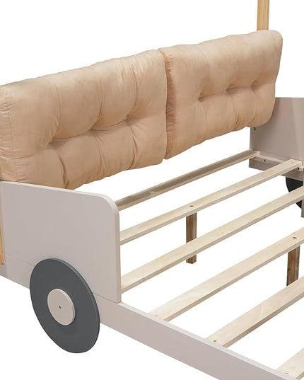 Full Size Race Car Bed Platform Bed with Pillow,Ceiling Cloth and LED Light,Wood Bed Frame W/Magazine Storage Rack,for Kids Boys Girls Teens,Natural - LeafyLoom