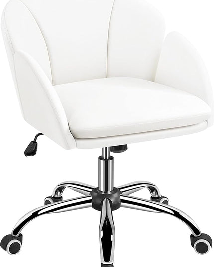 Yaheetech Cute Petal Desk Chair Home Office Swivel Upholstered Leather Makeup Vanity with Armrests for Bedroom Modern Computer Rolling Women White - LeafyLoom