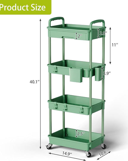 4 Tier Small Rolling Cart Organizer,Art Craft Diaper Bedside Snack Cart Laundry Room Bathroom Organizer Narrow Thin Slim Rolling Trolley Utility Cart with Wheels for Kitchen,Office(Green) - LeafyLoom