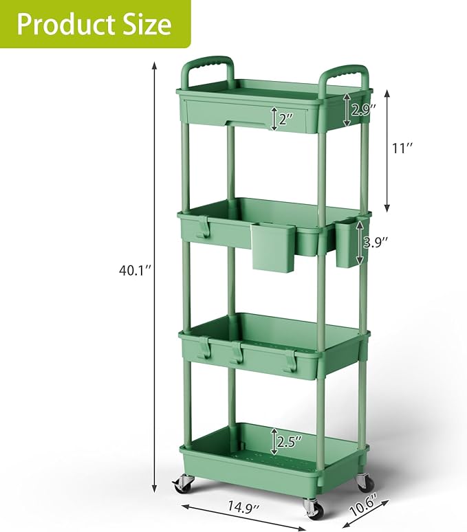 4 Tier Small Rolling Cart Organizer,Art Craft Diaper Bedside Snack Cart Laundry Room Bathroom Organizer Narrow Thin Slim Rolling Trolley Utility Cart with Wheels for Kitchen,Office(Green) - LeafyLoom