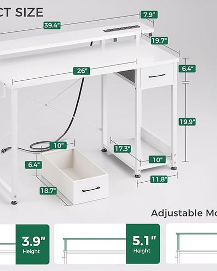 AODK Gaming Desk with LED Lights & Power Outlet, 40 Inch Computer Desk with Drawer, Reversible Desk with Adjustable Monitor Shelf & Headphone Hook for Home Office, White - LeafyLoom