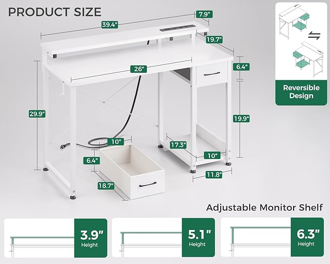AODK Gaming Desk with LED Lights & Power Outlet, 40 Inch Computer Desk with Drawer, Reversible Desk with Adjustable Monitor Shelf & Headphone Hook for Home Office, White - LeafyLoom