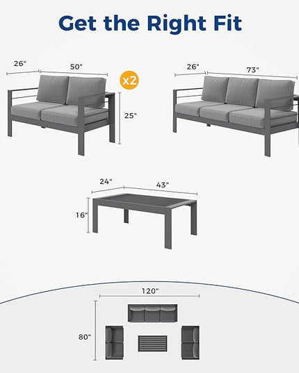 Wisteria Lane Aluminum Outdoor Patio Furniture Set, Modern Patio Conversation Sets, Outdoor Sectional Metal Sofa with 5 Inch Cushion and Coffee Table for Balcony, Garden, Dark Grey - LeafyLoom