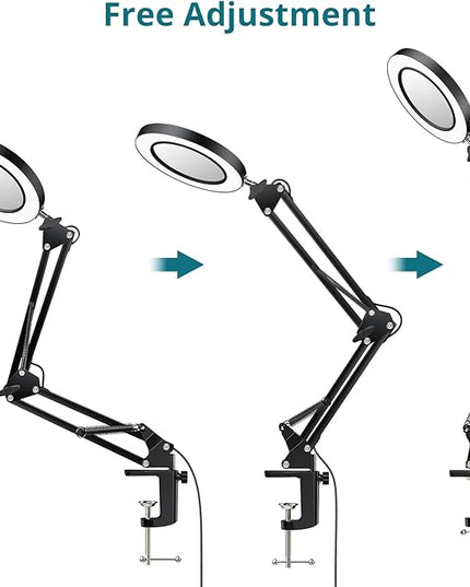 8X Lighted Magnifying Glass Lamp, Adjustable Magnifying Glass with Light Clamp Swivel Arm LED 3 Color Modes,10 Brightness Levels, Hands Free Magnifier for Hobby Close Work, Repair, Reading - LeafyLoom