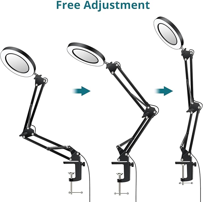 8X Lighted Magnifying Glass Lamp, Adjustable Magnifying Glass with Light Clamp Swivel Arm LED 3 Color Modes,10 Brightness Levels, Hands Free Magnifier for Hobby Close Work, Repair, Reading - LeafyLoom