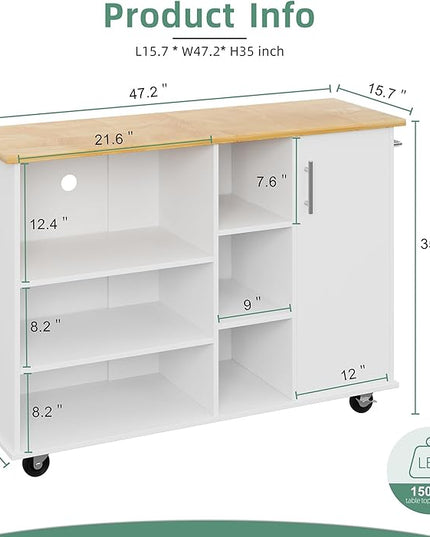 Shintenchi 47”W Kitchen Storage Island Cart with 6 Open Shelves and 1 Cabinet, Portable Trolley Cart with Wood Work Top and Handle/Towel Rack, White - LeafyLoom