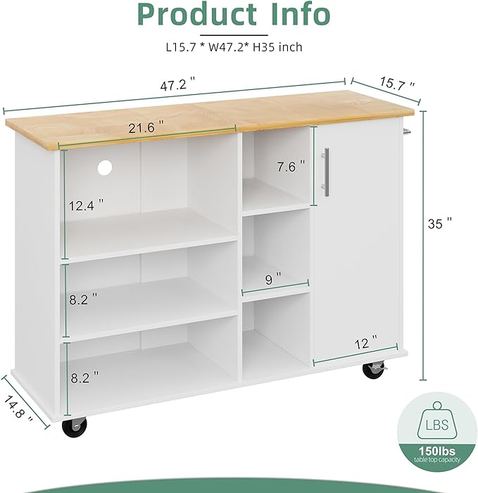 Shintenchi 47”W Kitchen Storage Island Cart with 6 Open Shelves and 1 Cabinet, Portable Trolley Cart with Wood Work Top and Handle/Towel Rack, White - LeafyLoom