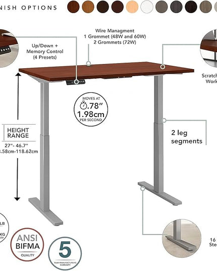 Bush Business Furniture Move 60 Series Electric Ergonomic Sit-Stand Computer Table for Home and Professional Office, 60W x 30D, Hansen Cherry - LeafyLoom