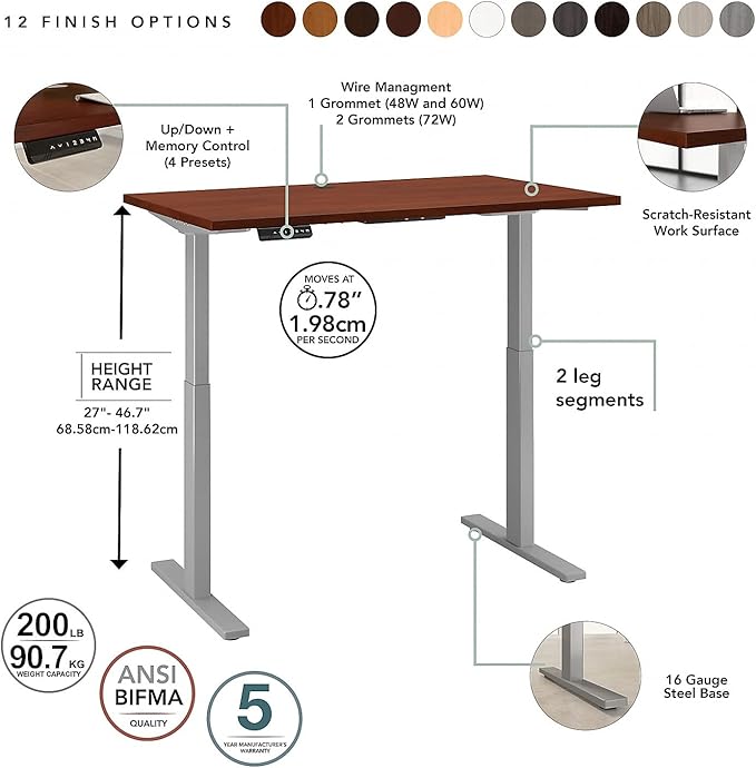 Bush Business Furniture Move 60 Series Electric Ergonomic Sit-Stand Computer Table for Home and Professional Office, 60W x 30D, Hansen Cherry - LeafyLoom