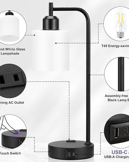 Industrial Touch Bedside Lamps for Bedrooms Set of 2 - 3-Way Dimmable Nightstand Lamps with USB C+A Ports and Outlet, Table Lamps with Opal Glass Shade for Living Room, Desk Lamps for Home Office - LeafyLoom