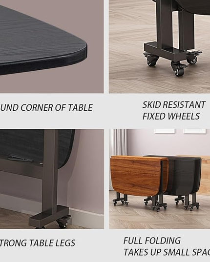 Multifunction Table Drop Leaf Dining Table - 47" Solid Wooden Foldable Kitchen Table with 6 Wheels (Black) - LeafyLoom
