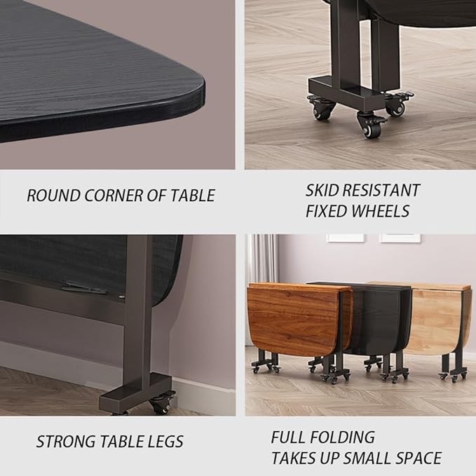Multifunction Table Drop Leaf Dining Table - 47" Solid Wooden Foldable Kitchen Table with 6 Wheels (Black) - LeafyLoom